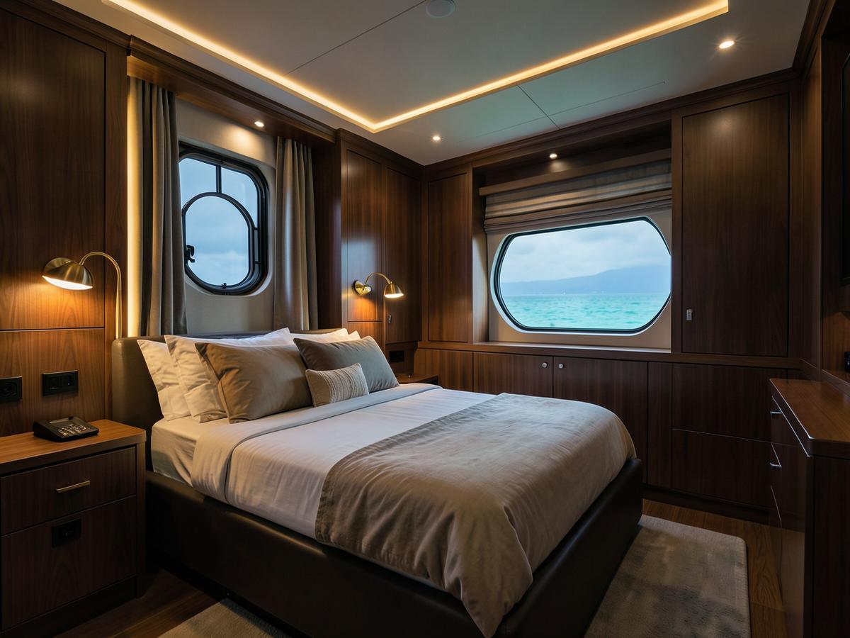 Interior of a deluxe en-suite yacht cabin with sea view porthole