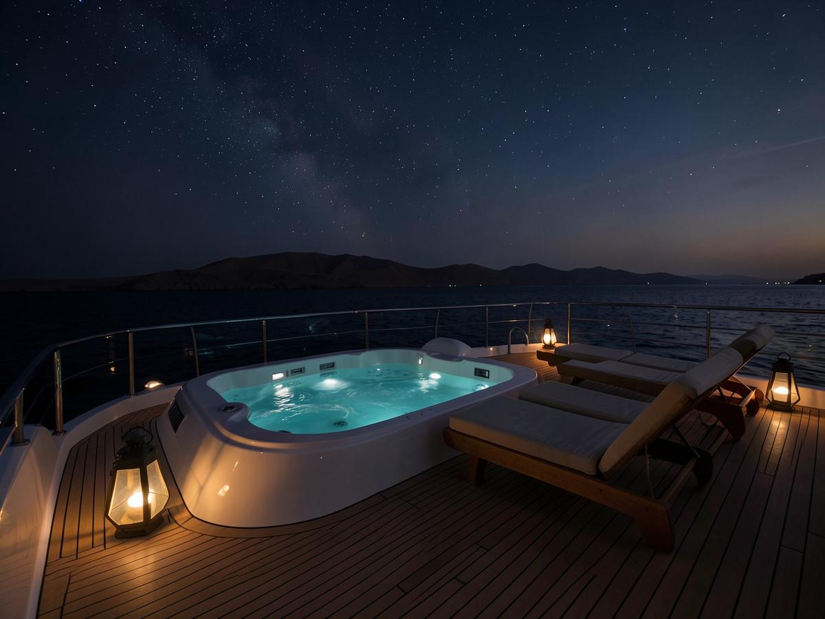 Rooftop hot tub on a yacht deck under a star-filled desert sky